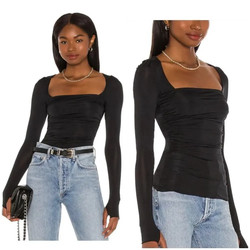 Free People Wind Down Layering Top in Black Size XS Stretch Jersey Ruched Chic